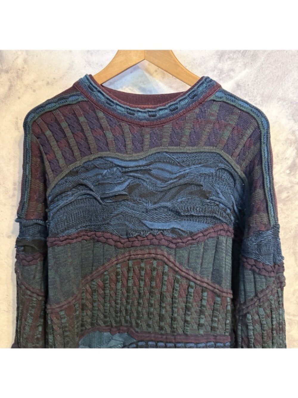 Vtg Tundra Canada 3D Knit Crewneck Sweater Coogi Style Mens XL Maroon Blue - Picture 3 of 8